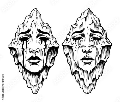 melting iceberg with sad crying face global warming concept art vector pattern shape