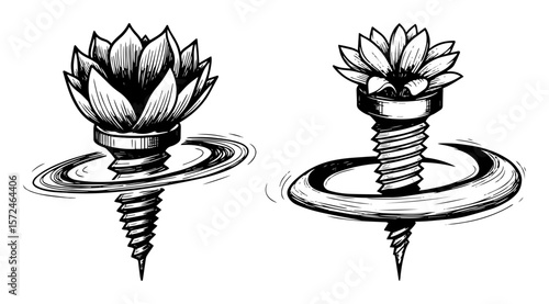 surreal lotus flower on a metal screw nature and industry concept vector pattern shape