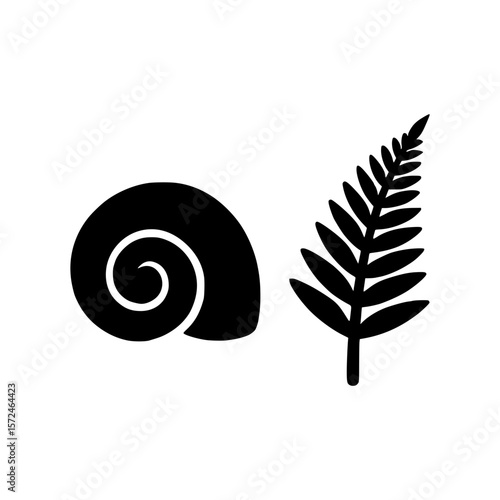 Black silhouette of a snail shell and a fern leaf