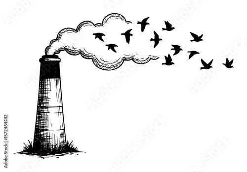 factory chimney smoke turning into birds pollution concept sketch