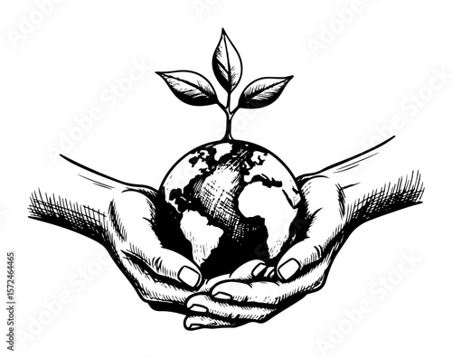 hands holding earth with plant ecology care sketch