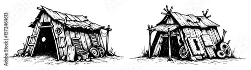 post apocalyptic shack in ruins illustration