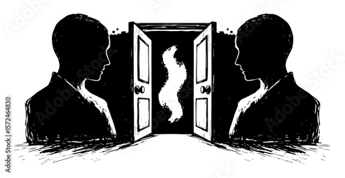 two silhouettes facing each other with open door to the unknown vector illustration