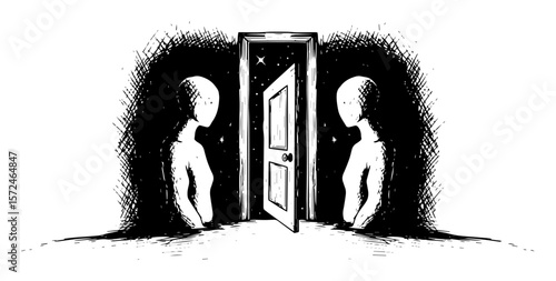 two strange figures looking through a door to the universe vector