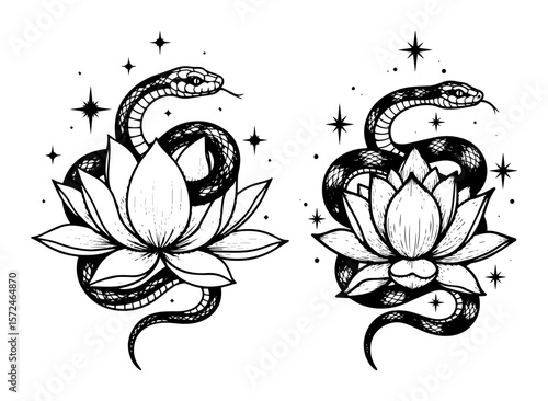 mystical snake coiling around a lotus flower tattoo vector set