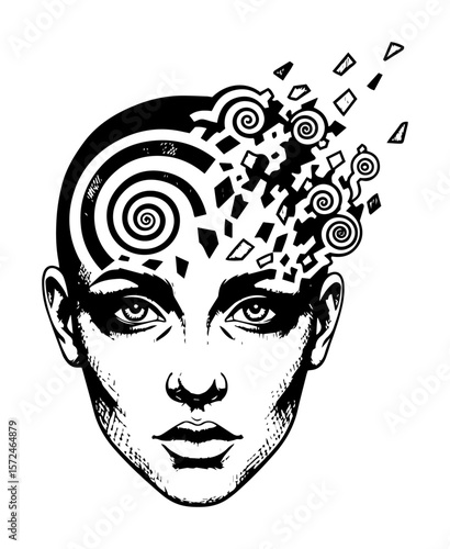 woman face with exploding head concept of consciousness vector