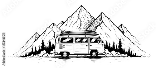 retro camper van with surfboard in mountains vector sketch