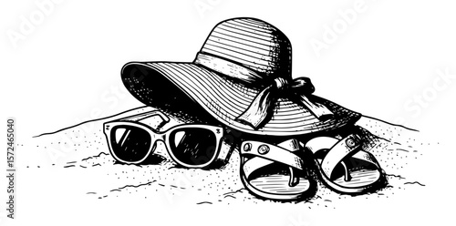 woman beach accessories hat sunglasses sandals