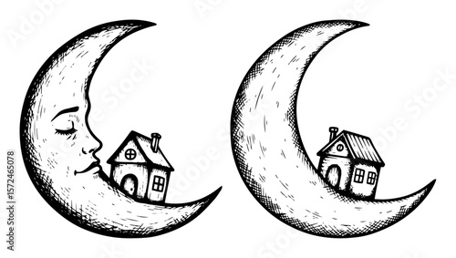 moon with house and sleeping face surreal art