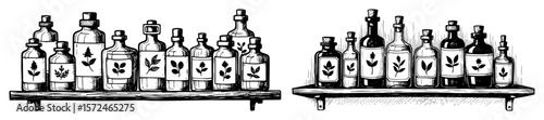 apothecary shelf with magic potion bottles sketch vector