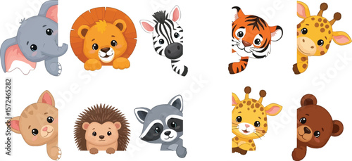 Cartoon animals peeking from behind a white wall illustration set