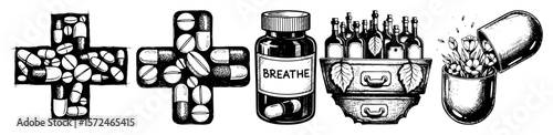 medical and herbal remedy vector icons set sketch style