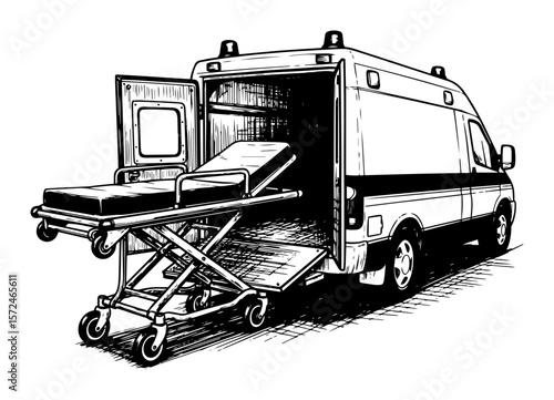 ambulance with open doors and stretcher sketch vector