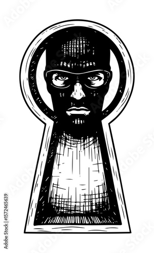 hacker in balaclava spying through a keyhole sketch