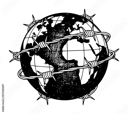 planet earth wrapped in barbed wire vector concept