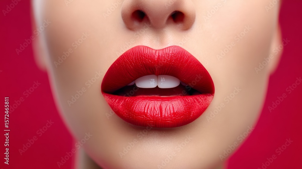 Obraz premium Woman with red lips and a red background. The lips are very full and the woman has a very pretty smile