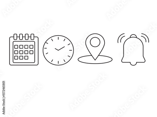Address, date, time icon set. calendar, location, clock. vector logos