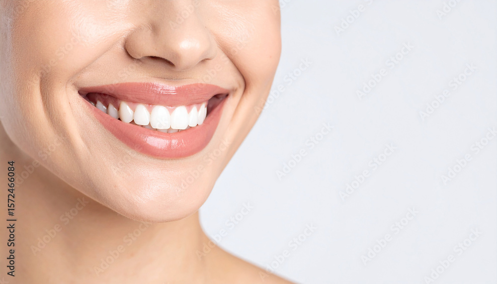 Obraz premium Close-up of a woman's teeth smiling confidently on isolated white background.