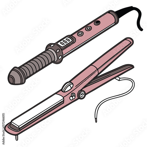 Hair Styling Essentials: A detailed illustration showcases two essential hair styling tools – a curling iron and a straightening iron – perfect for achieving various hairstyles.