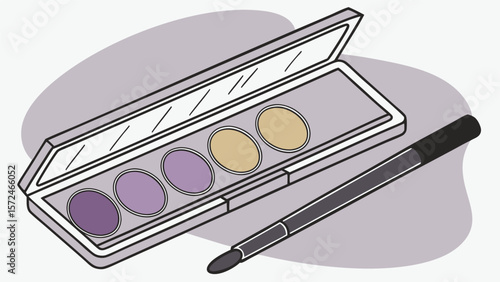 Eyeshadow Palette with Brush: A detailed illustration of an open eyeshadow palette with various shades, accompanied by a makeup brush, perfect for beauty and cosmetic concepts.
