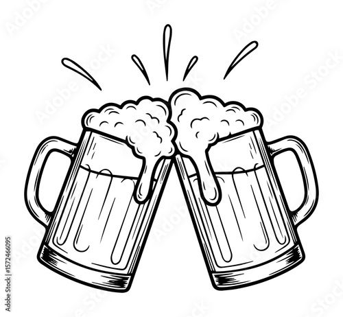 cheers with two beer mugs sketch style