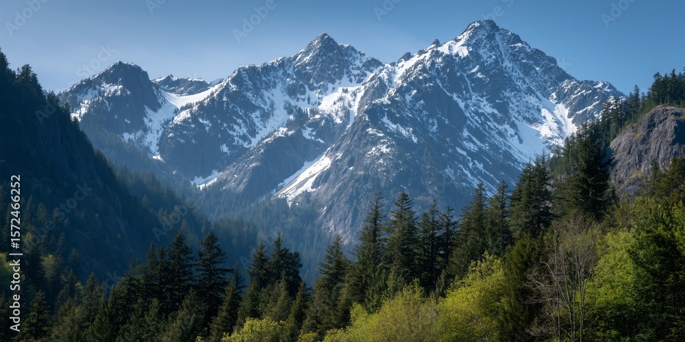 Obraz premium Majestic Snow Capped Mountains and Evergreen Forest Landscape in Spring