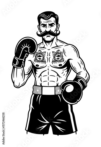 vintage boxer with mustache and tattoos in fighting stance illustration