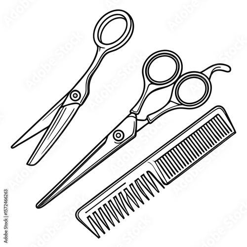 Essential Hair Styling Tools: A black-and-white depiction of scissors and a comb, the fundamental implements of hairstyling. Capturing the essence of precision and the art of hair care.