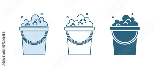 Blue Bucket with soap suds icon isolated on white background. Bowl with water. Washing clothes, cleaning equipment. Vector