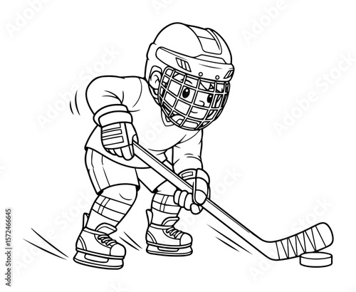 ice hockey player bending with stick line art illustration
