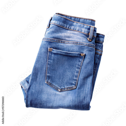 Close up of folded blue denim jeans with pockets isolated on transparent background