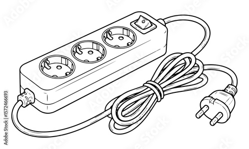 power strip extension cord with switch and sockets line art vector