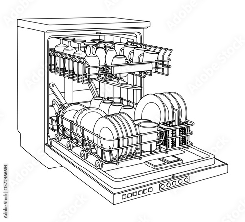 open dishwasher with clean dishes and plates line art vector