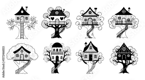 collection of cute treehouse silhouette vector icons set