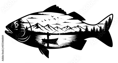 fishing landscape in fish silhouette double exposure vector