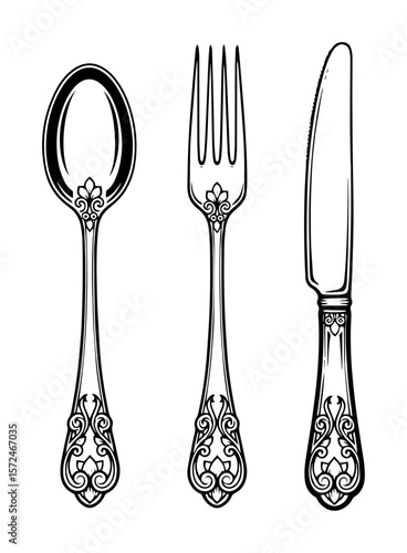 vintage ornate spoon fork and knife line art illustration