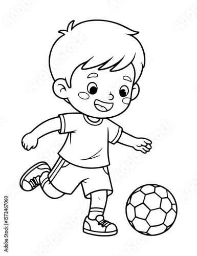 cute boy playing soccer cartoon outline illustration