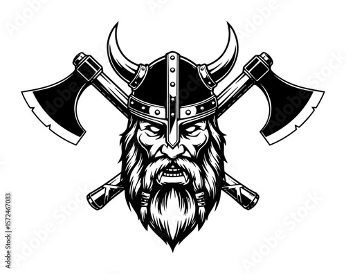 angry viking warrior head with crossed axes mascot illustration