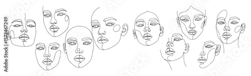 abstract woman face continuous one line art vector set