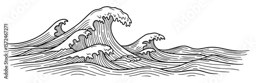 ocean sea waves in japanese engraving style vector sketch