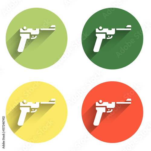 Set Mauser gun icon isolated with long shadow background. Mauser C96 is a semi-automatic pistol. Color circle button. Vector