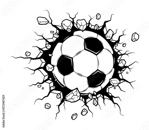 soccer ball breaking through a cracked wall vector illustration