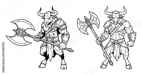 minotaur warrior with axe fantasy character vector line art