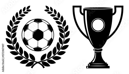 soccer ball in laurel wreath and trophy cup vector set