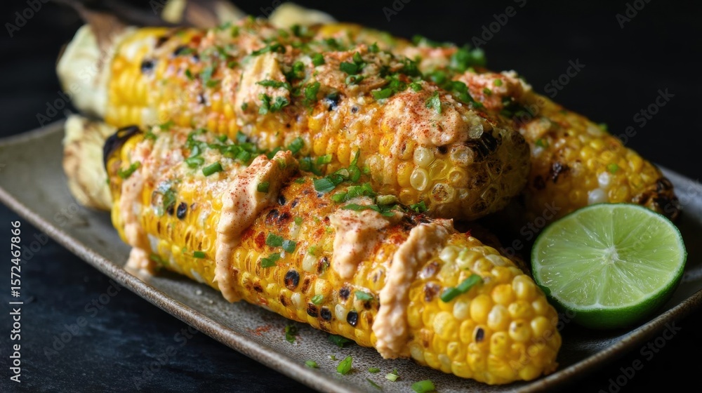 Three corn on the cob on a rectangular plate. the corn is cooked to a golden brown color and appears to be seasoned with herbs and spices. Three corn on the cob on a rectangular plate. the corn is cooked to a golden brown color and appears to be seasoned with herbs and spices.