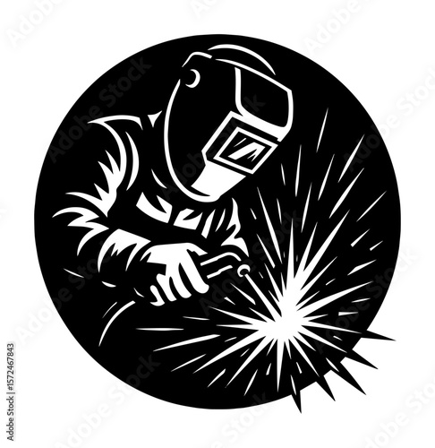 welder with welding torch and sparks vector logo