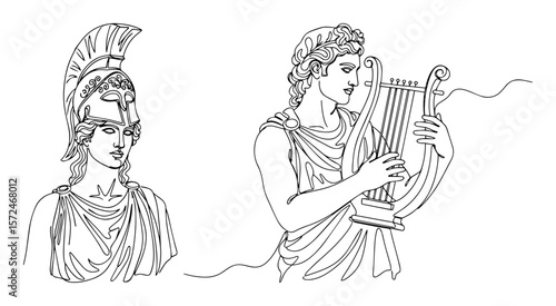 apollo and athena, greek god and goddess one line art