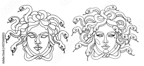 medusa gorgon head with snakes vector line art illustration set, greek mythology symbol