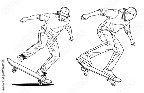 skateboarder in action line art vector illustration set