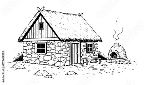medieval stone house with thatched roof vector sketch